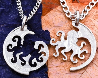 Octopus Best Friends Necklaces, BFF Gifts for 2, Interlocking Octopus That Fits Like A Puzzle, Unique Hand Cut Coin