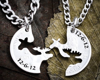 Moose Couples Necklaces, His and Her Anniversary Date, Engraved Names, Matching Jewelry, Hand Cut Coin