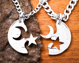 Moon Star BFF Necklaces, Astronomy Couples Jewelry Necklaces, Astronomical Long Distance Hand Cut Coin