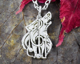 Wolf Music Note Necklace, Wolf Jewelry, Animal Lover, Music Lover, Hand Cut Coin