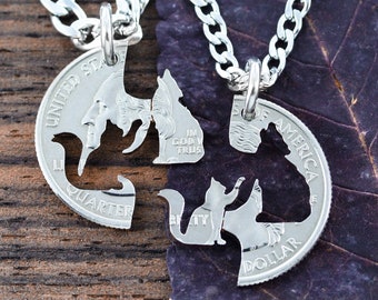 Cat and Wolf Best Friends Necklaces, Kitty Wolfie BFF Gifts, Interlocking Jewelry, Pet Gift, Hand Cut Coin