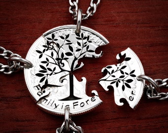 Family Tree Pendants, 4 Piece Friends and Family Necklace, Forever and Always, Hand Cut Coin