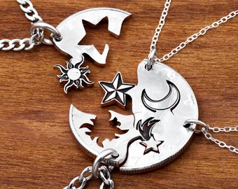 4 Best Friends Necklaces, Astronomy Gifts, Sun Star Moon and Shooting Star, Hand Cut Coin