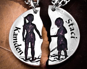 Siblings BFF Necklaces, Brother Sister, Best Friends Forever, Big Sis, Little Bro, Interlocking Jewelry, Hand Cut Coin