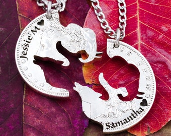 Elephant and Wolf BFF Necklaces, Custom Engraved Names, Friendship Gifts, Interlocking Like a Puzzle Jewelry Set, Hand Cut Coin