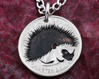 Hedgehog Engraved Necklace, Made from a Dime, Quarter, Half Dollar, or Silver Dollar