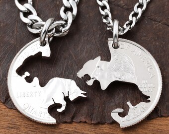 Bull and Lioness Couples Necklaces, Relationship Jewelry, His and Hers, Boyfriend and Girlfriend Gift, Hand Cut Coin