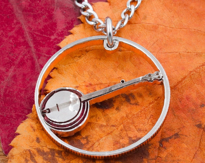 Banjo Necklace, Musical Jewelry, Hand Cut Coin