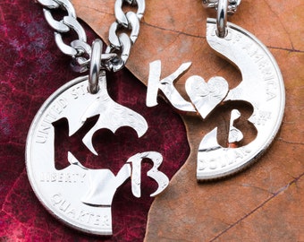 Couples Split Necklaces, Custom Interlocking Initials, Bespoke Anniversary Jewelry, Heart Relationship Set, Hand Cut Coin