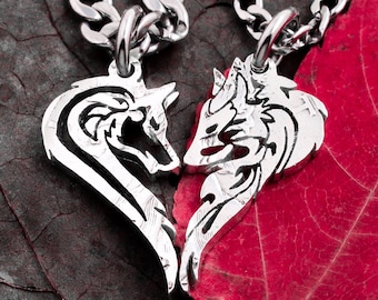 Hand Cut Wolf Couple Pendants: Half Dollar Heart Necklaces