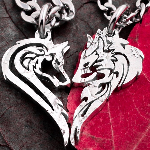 His and Her Wolf Pendants for Couples 