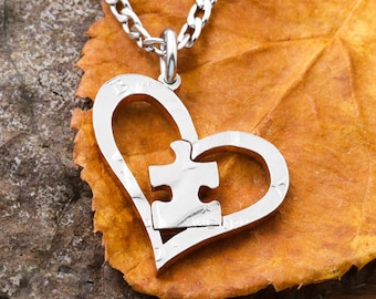 Hand Cut Coin Heart Necklace: Puzzle Piece Autism Jewelry