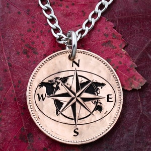 Globe and Map Coin Necklace, Compass Jewelry, with Coordinates, Engraved on an English Half Penny