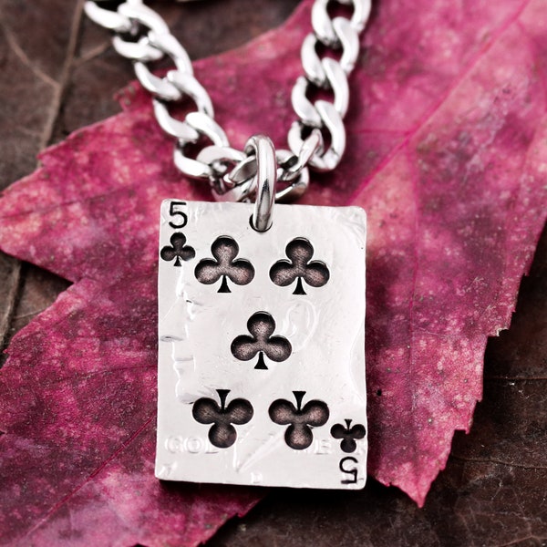 Playing Card Necklace, Choose any of 53 Cards, Clubs, Diamonds, Hearts, Spades, Ace, King, Queen, Jack, Joker options, Cut and Engraved Coin