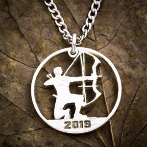 Archer Necklace, Hunting Jewelry, Compound Bow and Arrow Necklace, Custom Date, Personalized Engraving, Gifts for Men, Hand Cut Half Dollar
