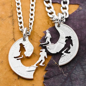 Cross Country Skiers Best Friend Necklaces, Women&#39;s and Girl&#39;s Ski Jewelry, Interlocking Hand Cut Coin