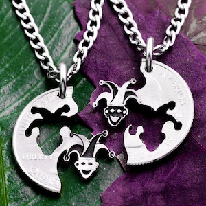 Joker Necklaces, Best Friends Jewelry, Couples Gifts, Jester Clown Hand Cut Coin