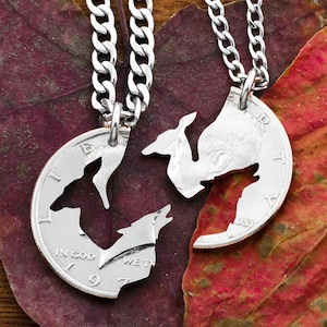 Wolf and Doe Couples Necklaces, Howling Wolf Alert Doe, Doe and Wolf, Best Friends or Couples Jewelry, BFF Gift, Hand Cut Coin