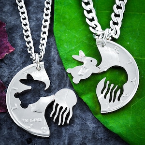 Bunny and Jellyfish Necklaces, Best Friends or Couples Jewelry, Rabbit and Jellyfish, Interlocking Hand Cut Coin