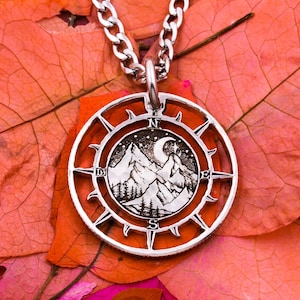 Mountain Hikers Compass Necklace, Night Scene, Etched Artistic Nature Design, Moon and Stars, Nautical Outdoor Jewelry, Hand Cut Silver Coin