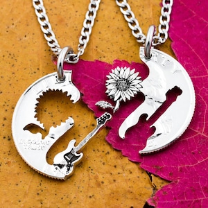 Engraved Sunflower and Electric Guitar Couples Necklaces, Best Friend Gifts, Music and Flower Jewelry, Interlocking Set, Hand Cut Coin