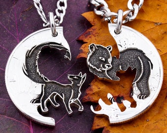 Bear and Fox Couples Necklaces, Engraved BFF or Couples Jewelry Gifts, Interlocking Woodland Animals, Hand Cut Coin