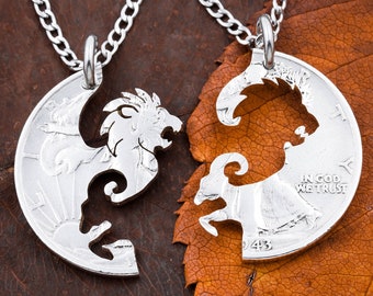 Lion and Ram Necklaces, Interlocking Animal Jewelry, Couples or Best Friends Gifts, Hand Cut Coin