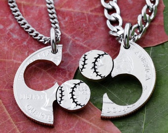 Baseball Couples and Best Friends Necklaces, Sports Jewelry, Softball, Boyfriend and Girlfriend Gift, BFF and Friendship, Hand Cut Coin