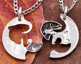 Engraved Bass Fish and Duck Necklaces, Hunting Jewelry, Couples or Best Friends Gifts, Interlocking Hand Cut Coin