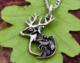 Buck Deer and Bass Fish Necklace, Hunting and Fishing Jewelry, Gift For Hunters and Fishers, Engraved Hand Cut Coin
