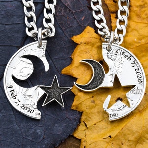 Engraved Moon & Star Necklace Set: Personalized Celestial Jewelry