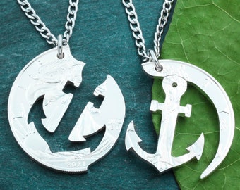 Anchor Couples Necklaces, BFF Gift, Relationship or Best Friends Jewelry, His and Her Interlocking Necklaces, Hand Cut Coin