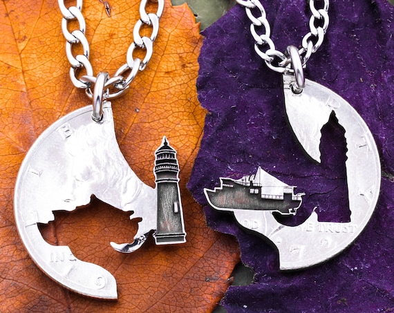 Lighthouse and Barge Ship Necklaces, Transportation Coast Guard, Lighthouse to My Ship, Engraved Interlocking Hand Cut Coin