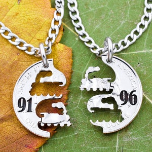Steam Engine Trains with Custom Engraved Numbers, Interlocking Train Necklace, BFF Gifts, Kids Jewelry, Hand Cut Coin