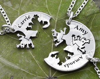3 Tree Frog Necklaces with Custom Engraved Names, Rainforest Animal Jewelry, Interlocking Hand Cut Coin