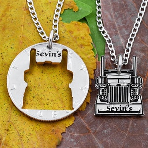 Inside Outside Semi-Truck Necklaces, Custom Engraved Names, Road Truck Drivers, Trucker Jewelry, BFF Gifts, Transportation Hand Cut Coin