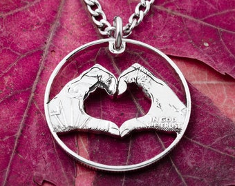 Love Hands Necklace, Engraved in Rim of Coin, Realistic Hands, Making a Heart, Gifts for Her or Him, Hand Cut Coin