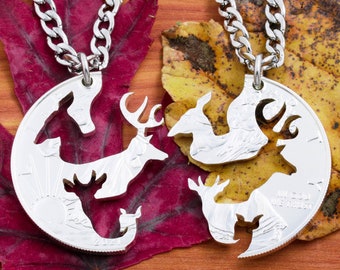 Buck and Doe Couples Necklaces with Fawn and Spike Deer, Family Gifts, Interlocking Hand Cut Coin