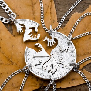 6 Piece Hand in Hand Necklaces, Family Jewelry, Parents and Children Handprint Gifts, Real Silver Coin