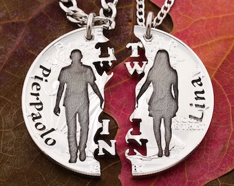 Older TWIN Sibling Necklaces, Identical Twins, Engraved Names, Family Jewelry, Interlocking Hand Cut Coin