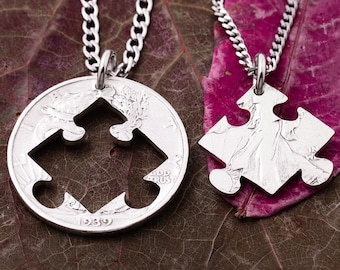 Hand geschnittene Münze Puzzleteil Halsketten: Paare Schmuck