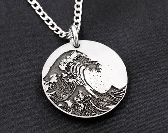 Titanium Great Wave Off Kanagawa Necklace, Engraved Titanium Disk