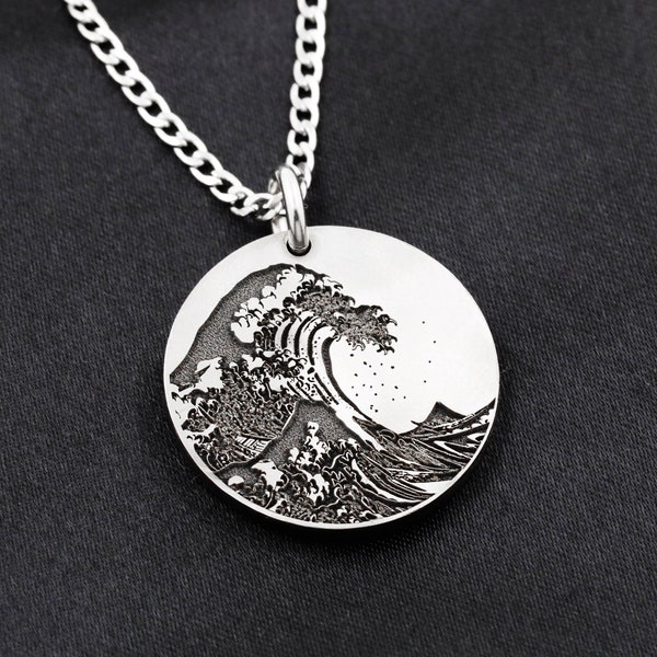 Titanium Great Wave Off Kanagawa Necklace, Engraved Titanium Disk