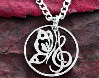 Butterfly and Treble Clef Necklace, Music Jewelry, Hand Cut Coin