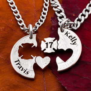Firefighter Love Couples Necklaces, Engraved Names and Firefighter Number, Firefighters Spouse, Wife or Husband, Hand Cut Coin