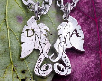 Hand Cut Coin Elephant Couple Necklaces: Personalized Initials & Anniversary Date