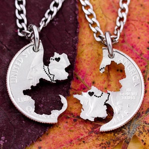 Country to Country Relationship Necklaces, France to Germany, Engraved Heart on Your Cities, Interlocking Countries, Hand Cut Coin Jewelry