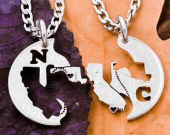 State-to-State Long Distance Relationship Necklaces, Custom Cut Initials, Cali to Maryland, Engraved Heart on Your Cities, Hand Cut Coin