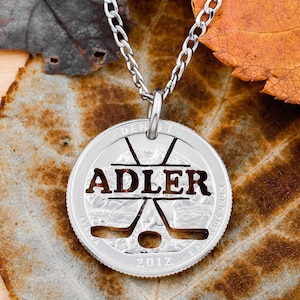 Hockey Sticks Design Necklace with Custom Cut Name, Sports Jewelry, Hand Cut Coin