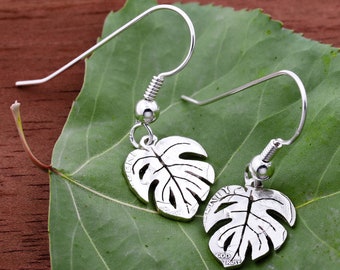 Silver Monstera Leaf Earrings, Hand Cut on Silver Dime, Sterling Silver French Hook Earrings, Plant Nature Jewelry, Gifts for Her